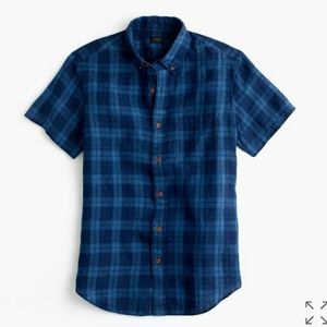 J.CREW Short-Sleeve Irish Linen Shirt Indigo Plaid